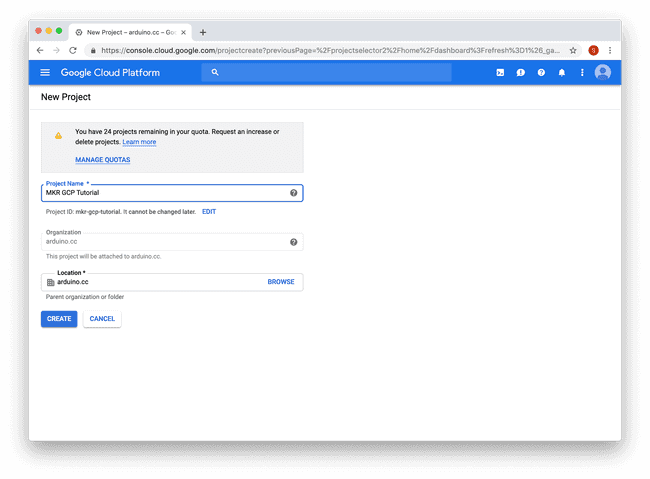 You will be prompted for a project name, we'll be using "MKR GCP Tutorial" for the name. Click the "CREATE" button to continue.