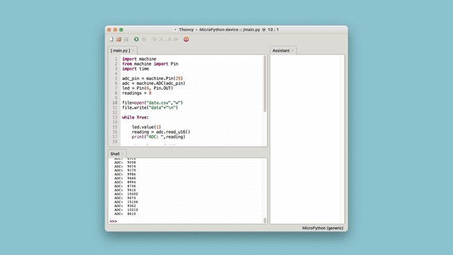 Thonny IDE, data printed in terminal.