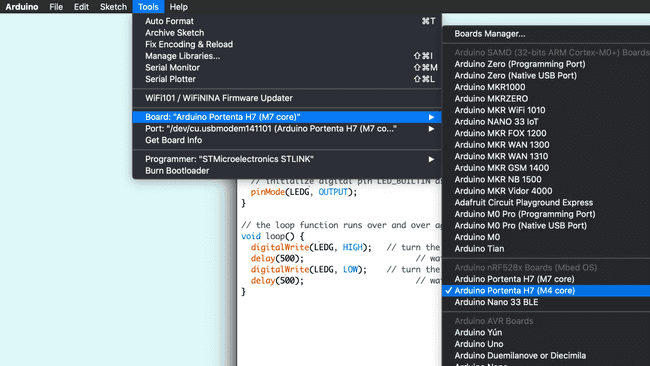 Uploading the BlinkGreenLed_M4 to the M4 core