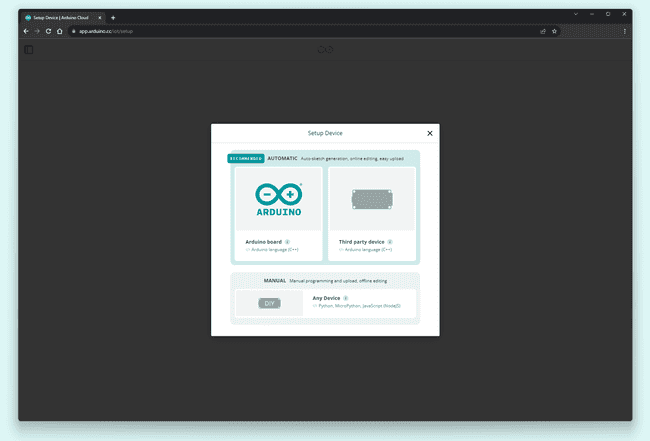 Arduino Cloud Setup Device pop-up window