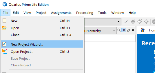 Select New Project Wizard in Quartus IDE.