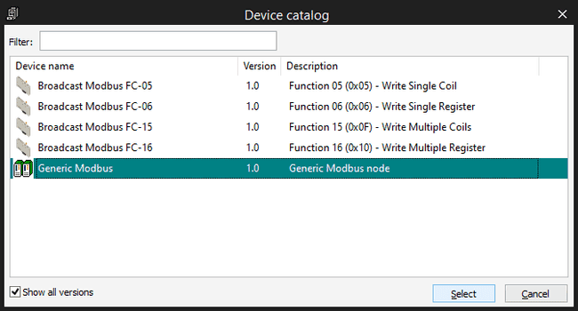 Modbus catalog select new item