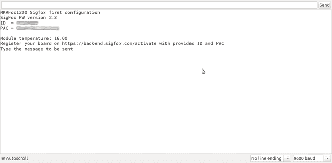 Serial monitor showing first configuration